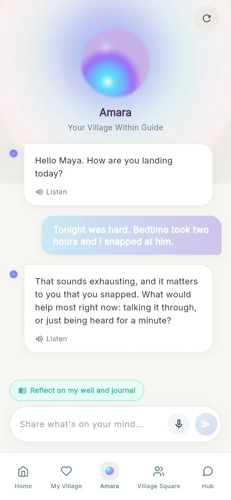 A conversation with Amara. A parent says bedtime was hard, and Amara answers kindly and asks what would help most.