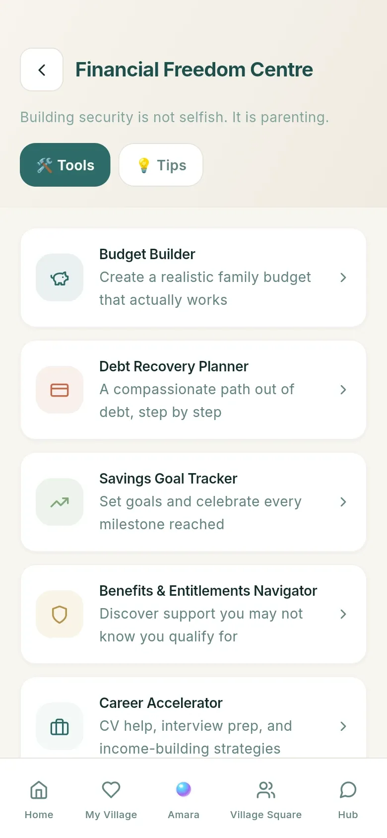 The financial freedom centre with a budget builder, a debt planner and a savings tracker.