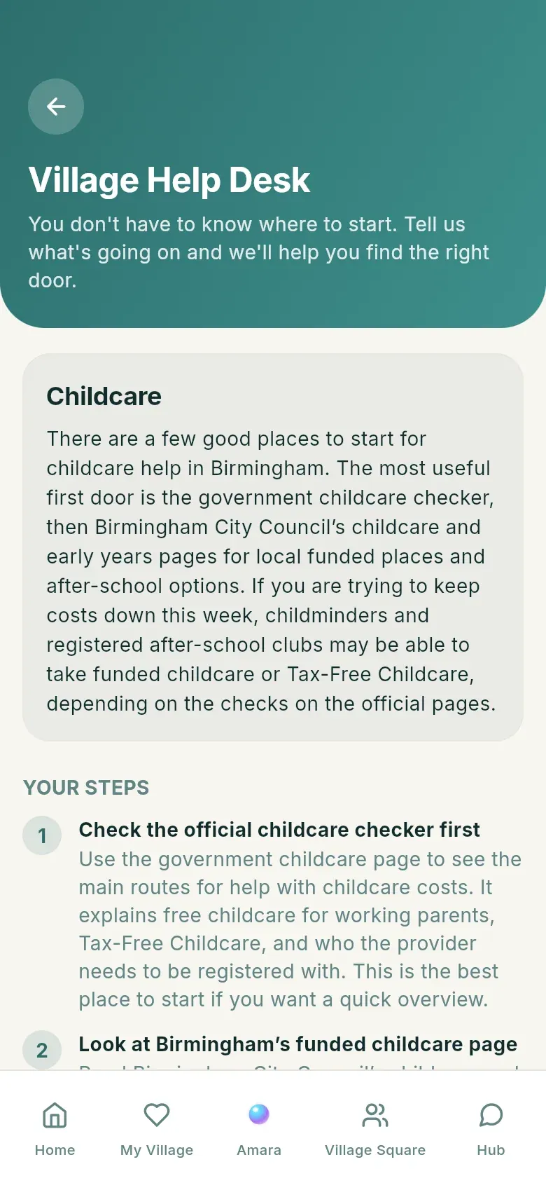 A Help Desk guide for childcare in Birmingham: a short summary followed by numbered steps.