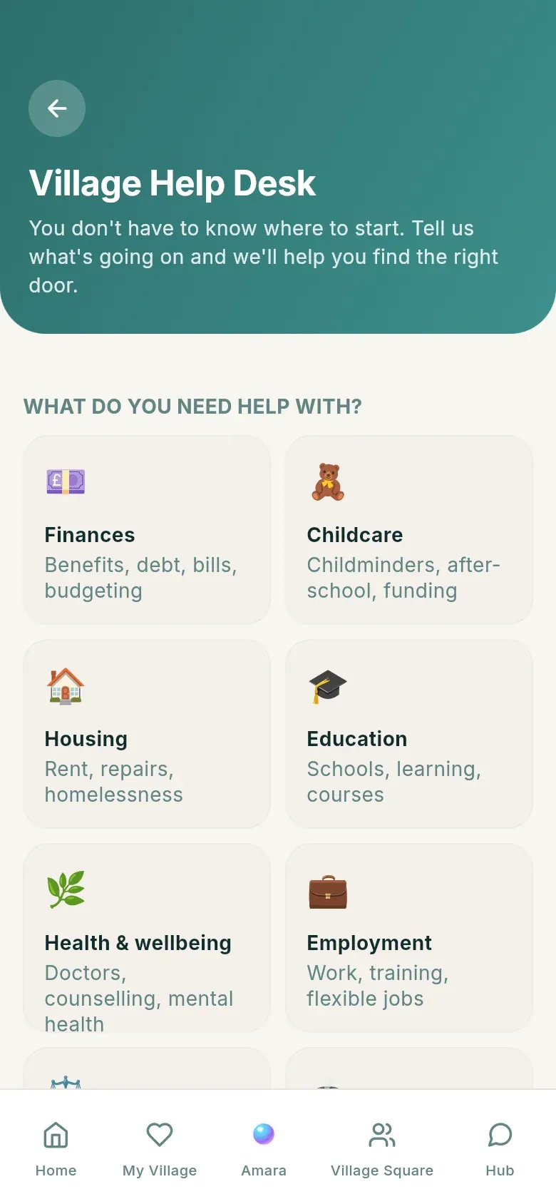 The Village Help Desk asking what you need help with, with doors for finances, childcare, housing, education, health and employment.