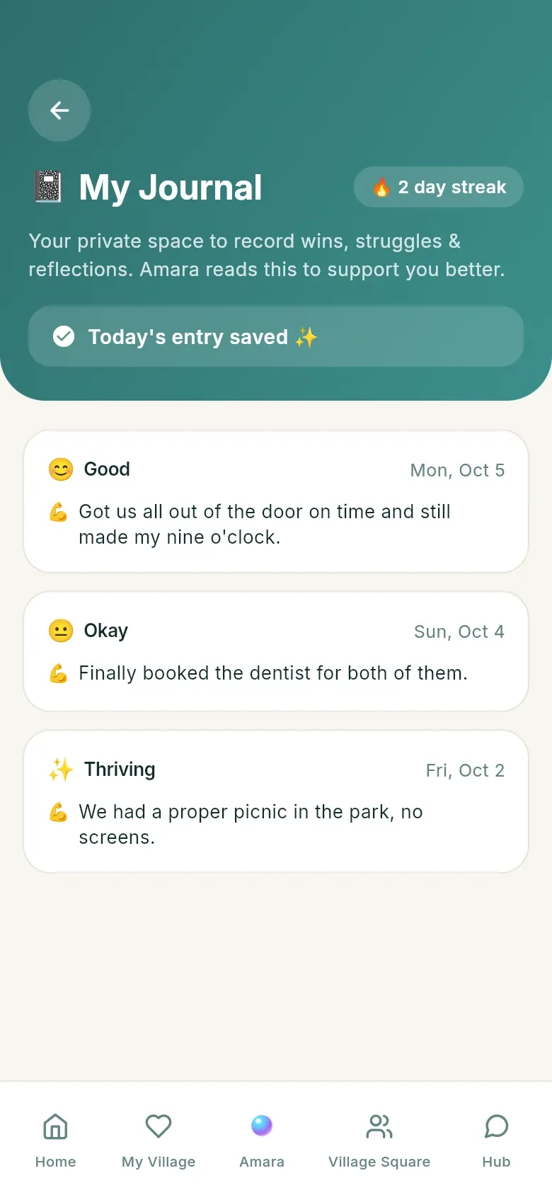The journal screen with a few short entries and a streak.
