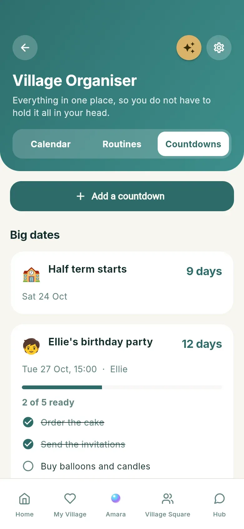 Countdowns in the Organiser: half term in nine days, and a birthday party in twelve days with a checklist that is two of five ready.