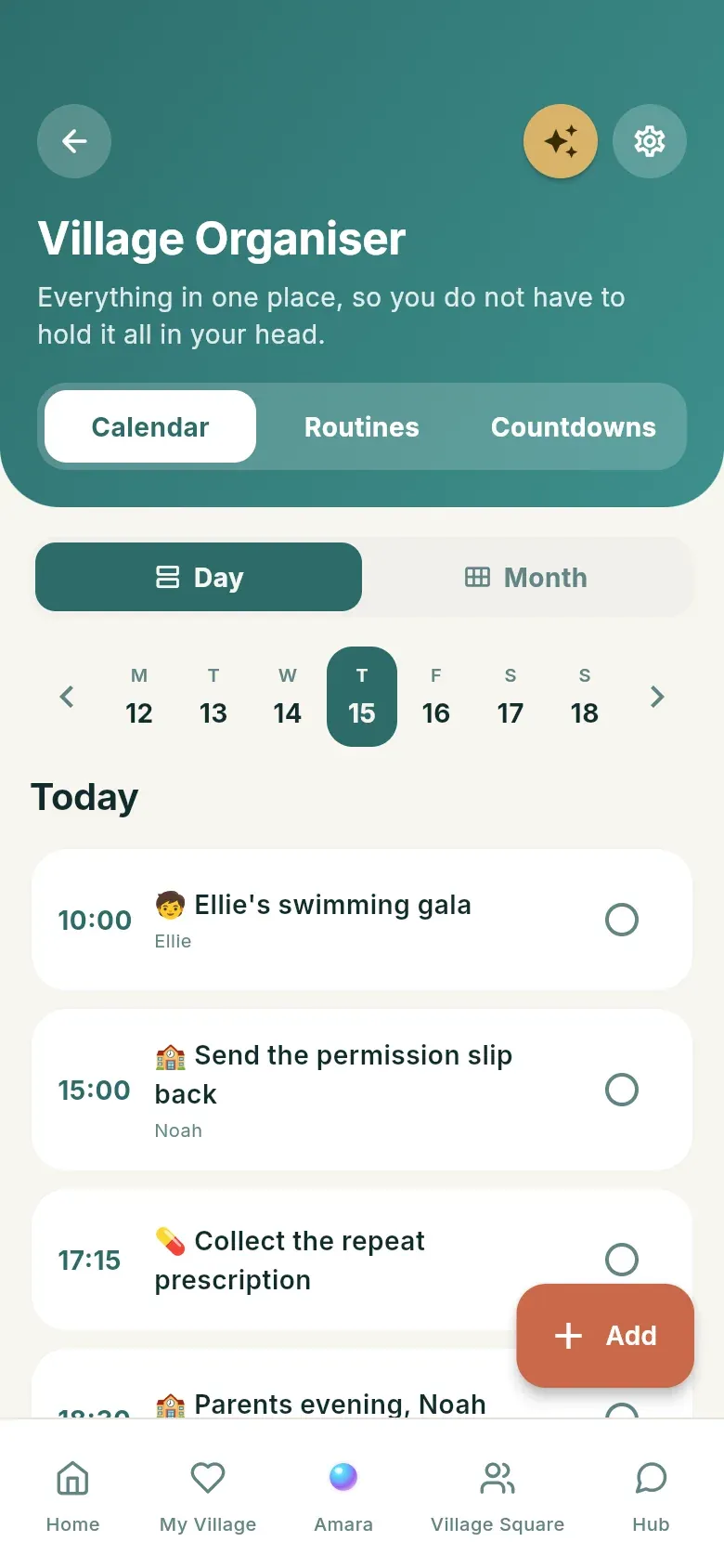 The Village Organiser day view: swimming gala at 10:00, a permission slip to send back, a prescription to collect and parents evening.