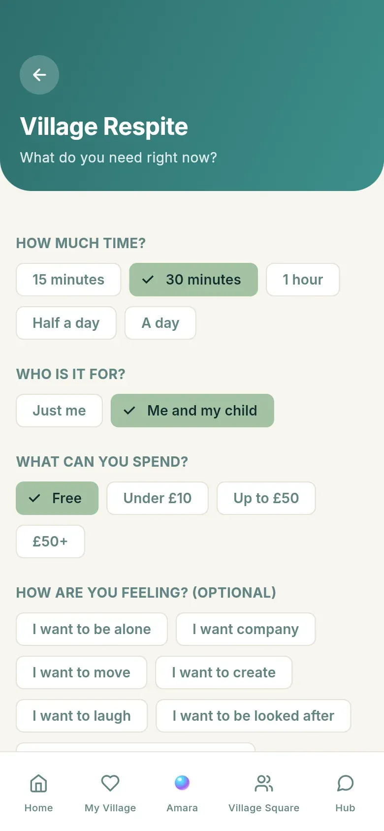 Village Respite asking how much time you have, who it is for and what you can spend.