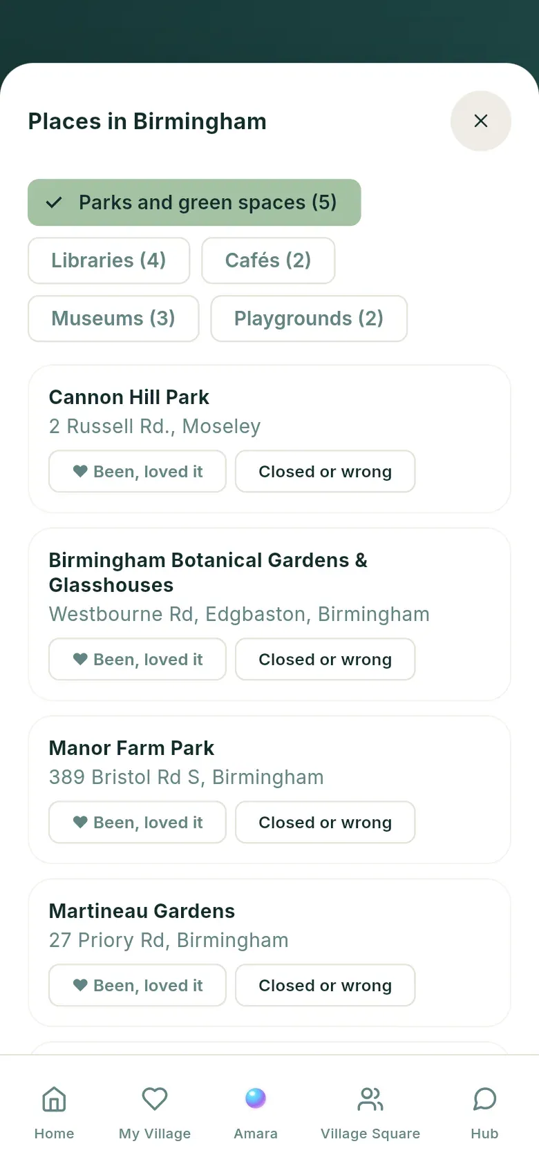 Places in Birmingham: parks and green spaces, with libraries, cafés, museums and playgrounds to choose from.