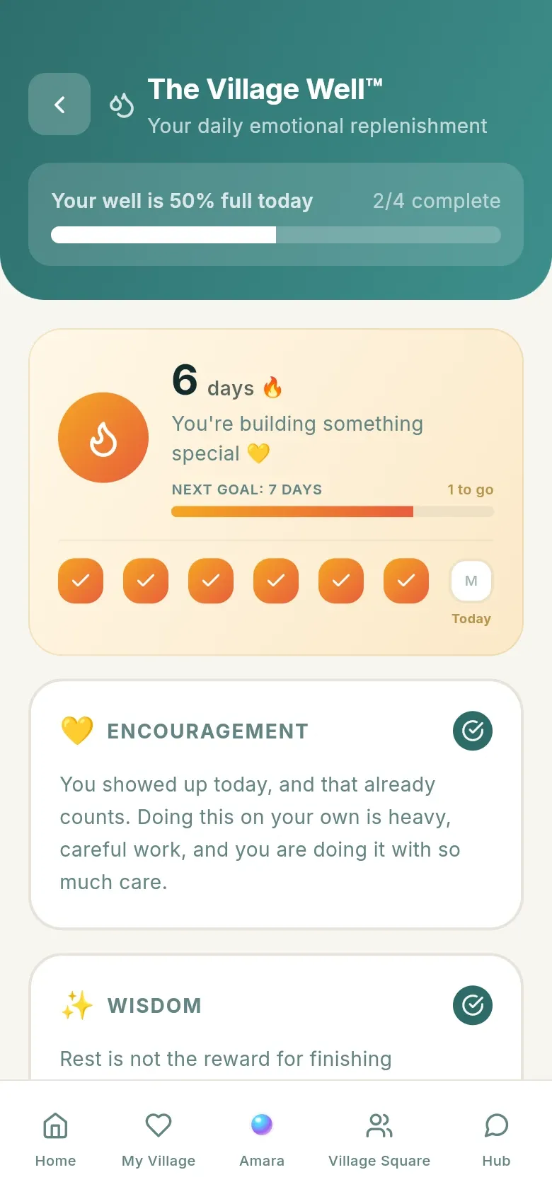 The Village Well screen showing a six day streak and today's encouragement and wisdom.